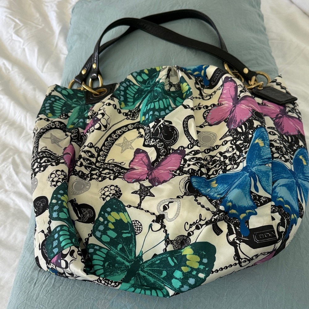 Coach Butterfly Print Shoulder Bag in Blue, Pink, and Green